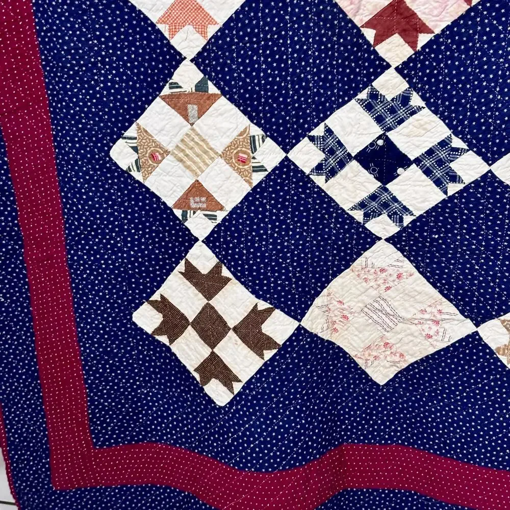 Antique 1880s Indigo Blue Quilt Double Nine Patch on Point Calico Americana